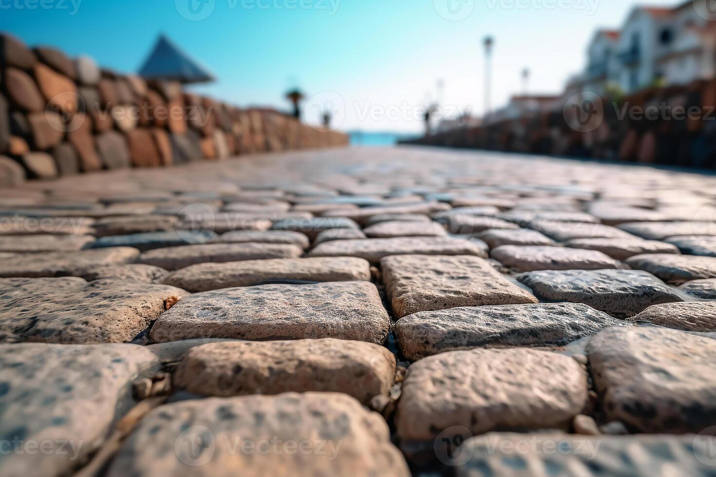 AI generated Close up stone street floor with blurred sea and blue sky, for product display photo