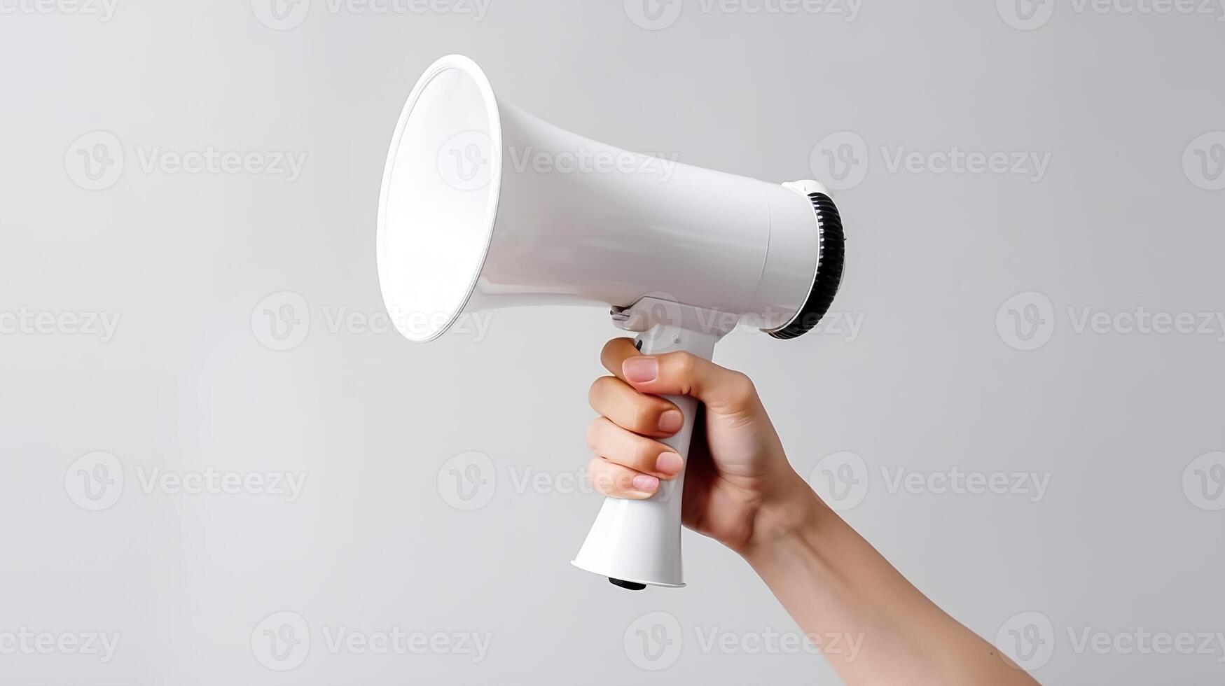 AI generated Hand holding megaphone over white background photo