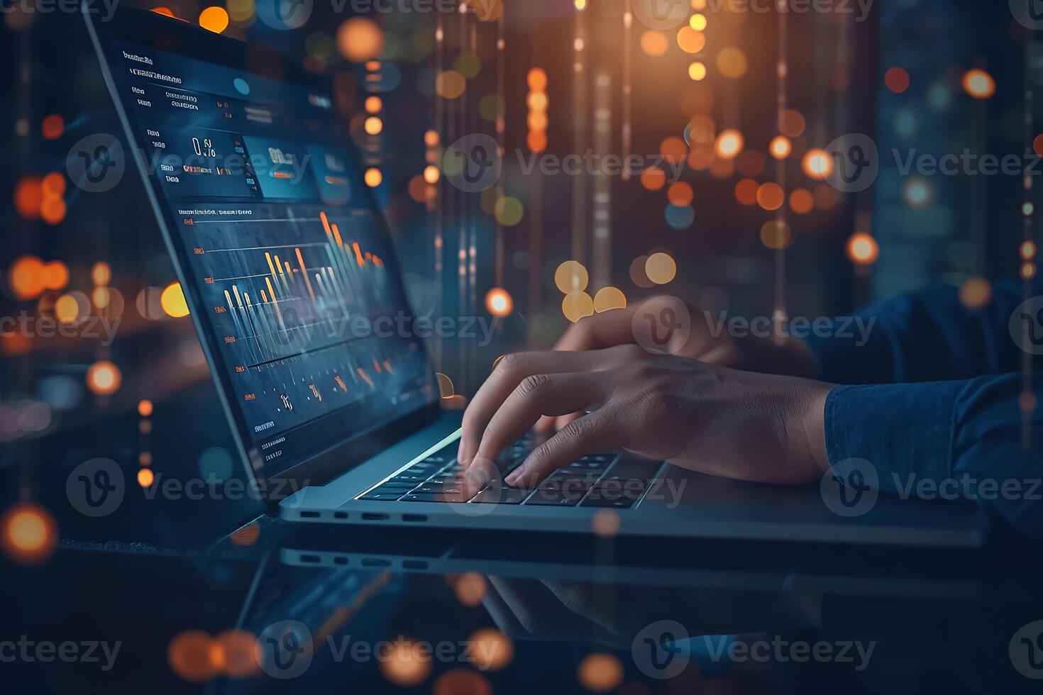 AI generated Businessman or data scientist working on laptop with business dash board analytics chart metrics photo