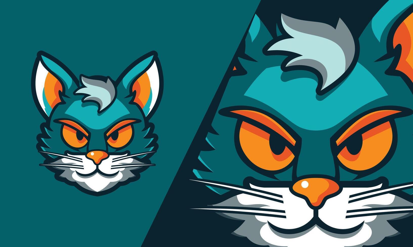angry vector cat head, orange blue color on blue background suitable for logo, esport, web etc.