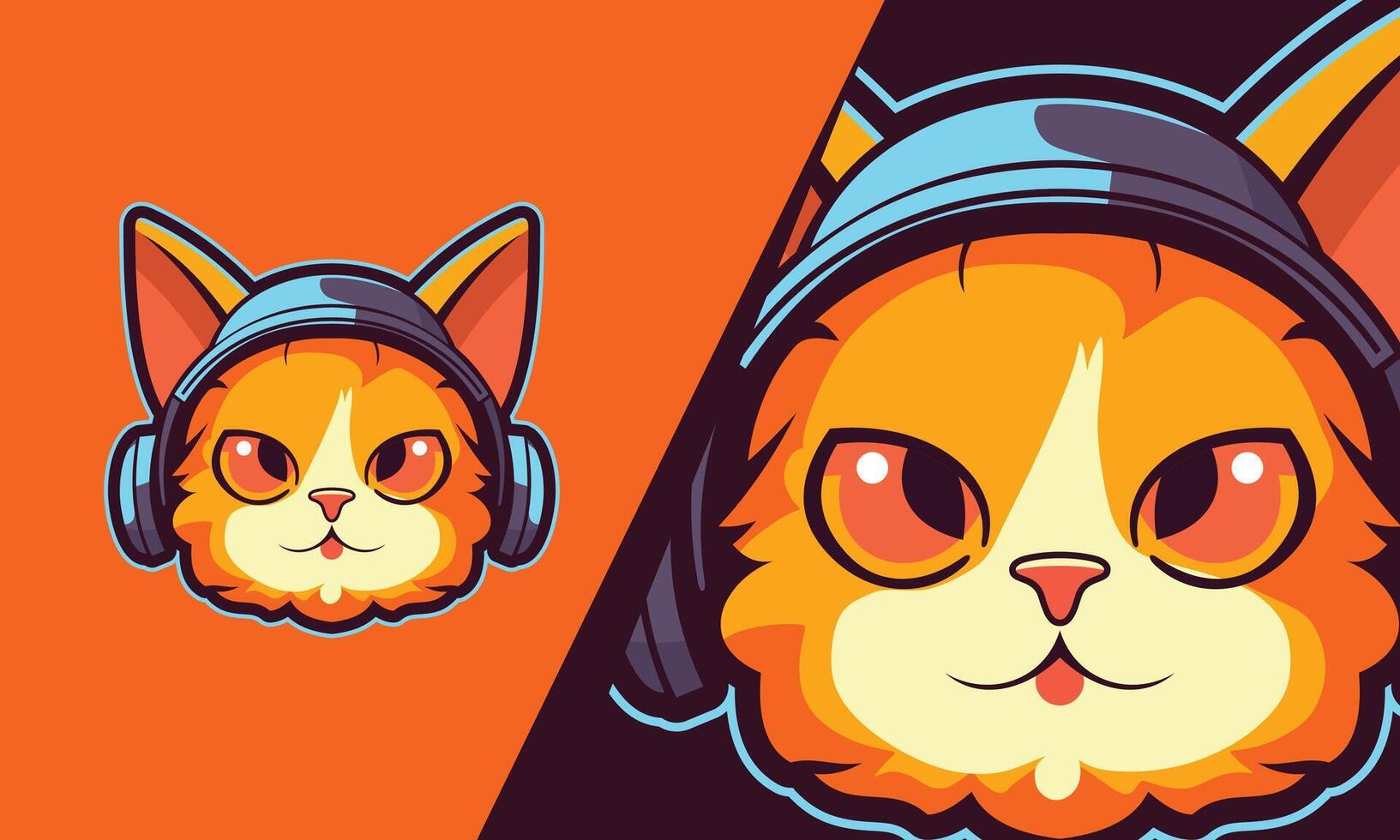 cute cat head vector wearing orange headphones on orange background