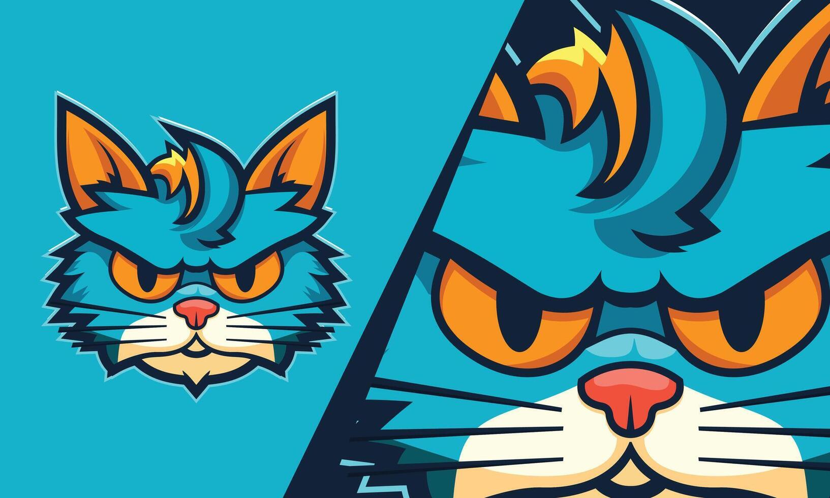 angry vector cat head, orange blue color on blue background
