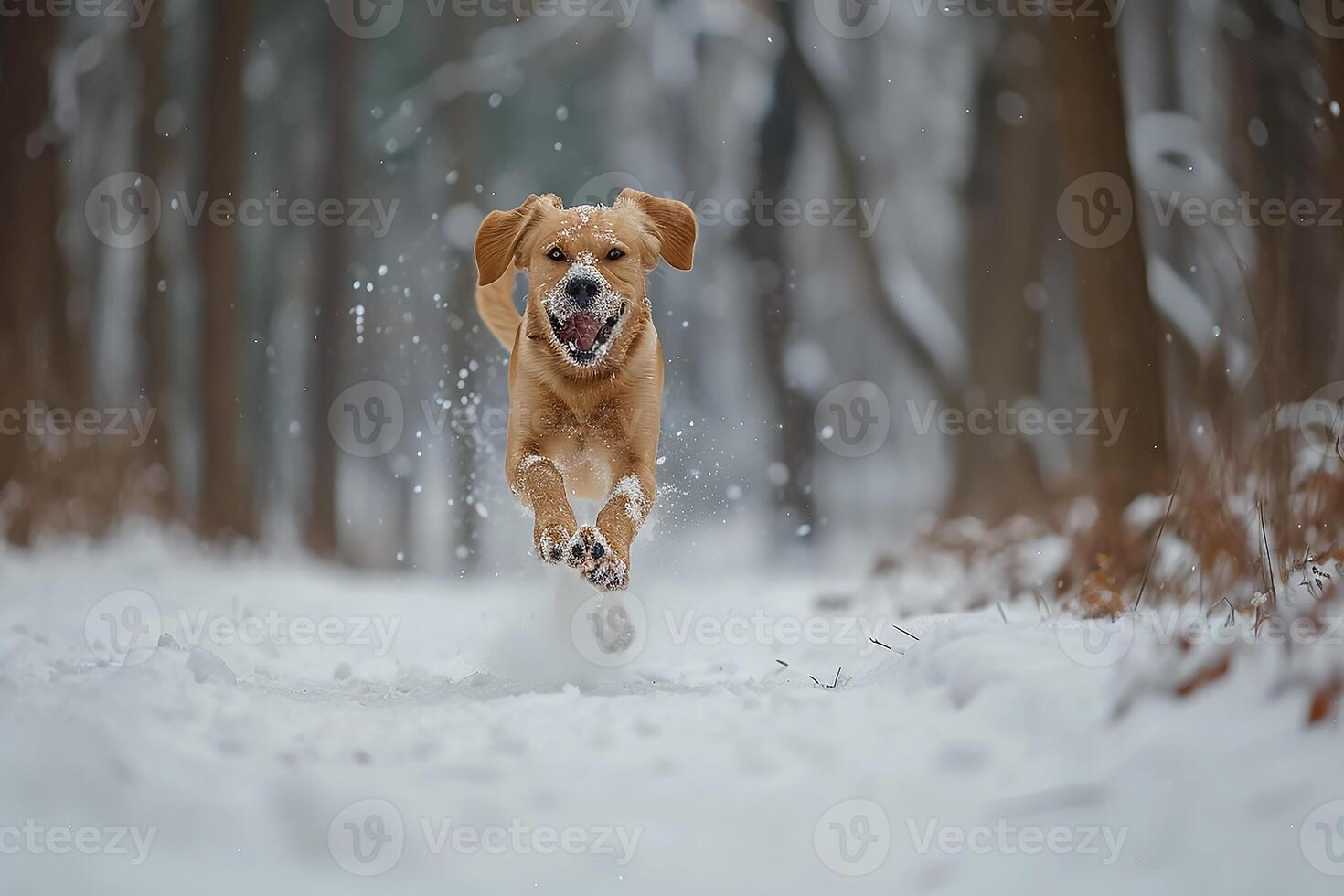 ai generado contento corriendo perro en invierno nieve bosque foto