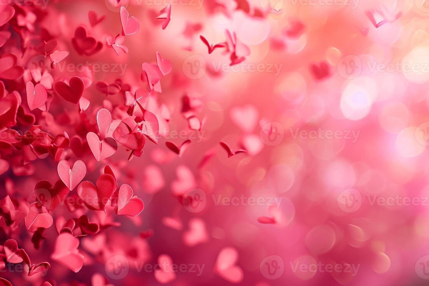 AI generated red color background surrounded by romantic atmosphere of floating Red heart shaped cutout papers photo