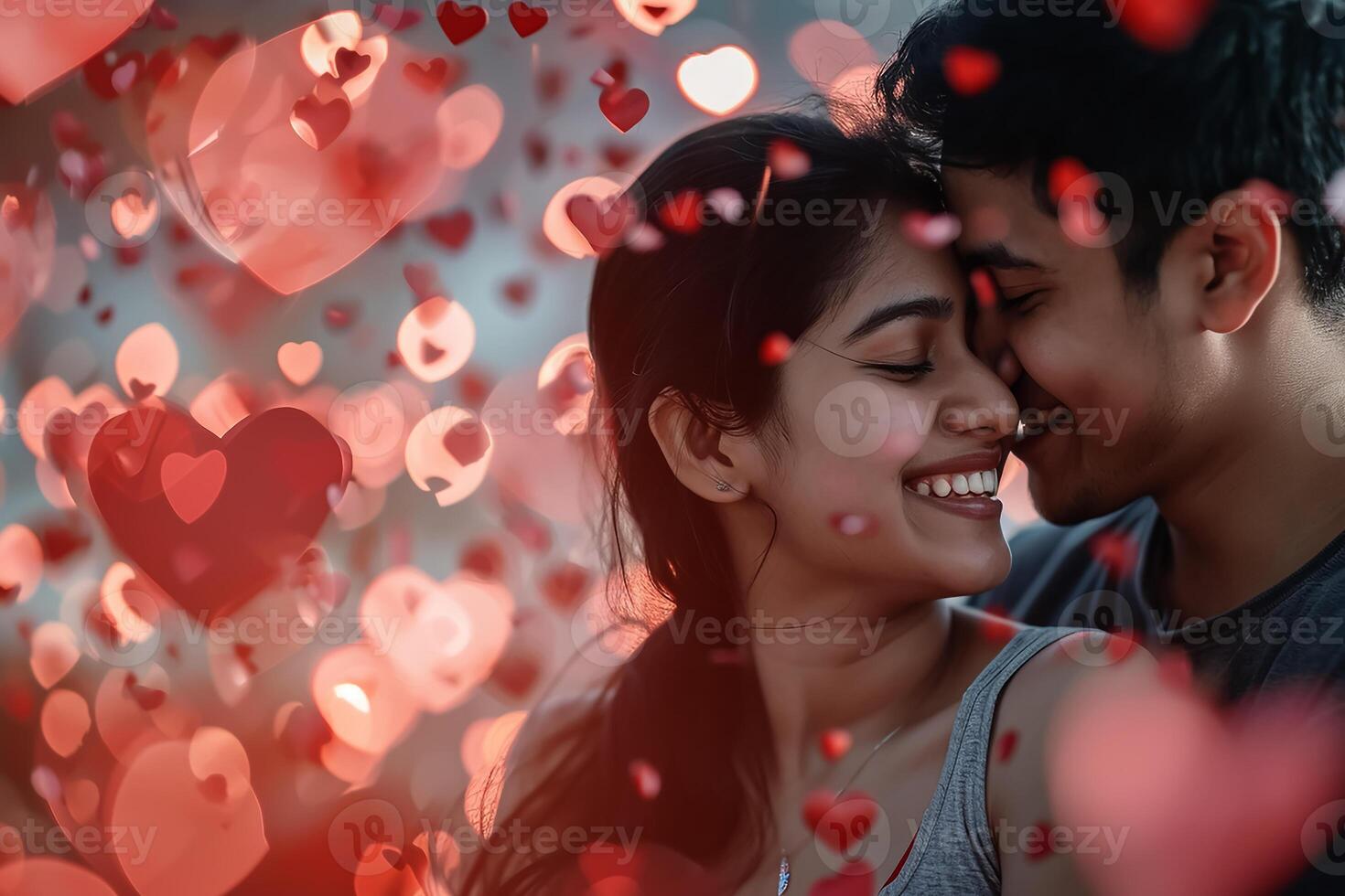 AI generated Indian Yung smiling couple portrait tenderly surrounded by romantic atmosphere of floating hearts. photo