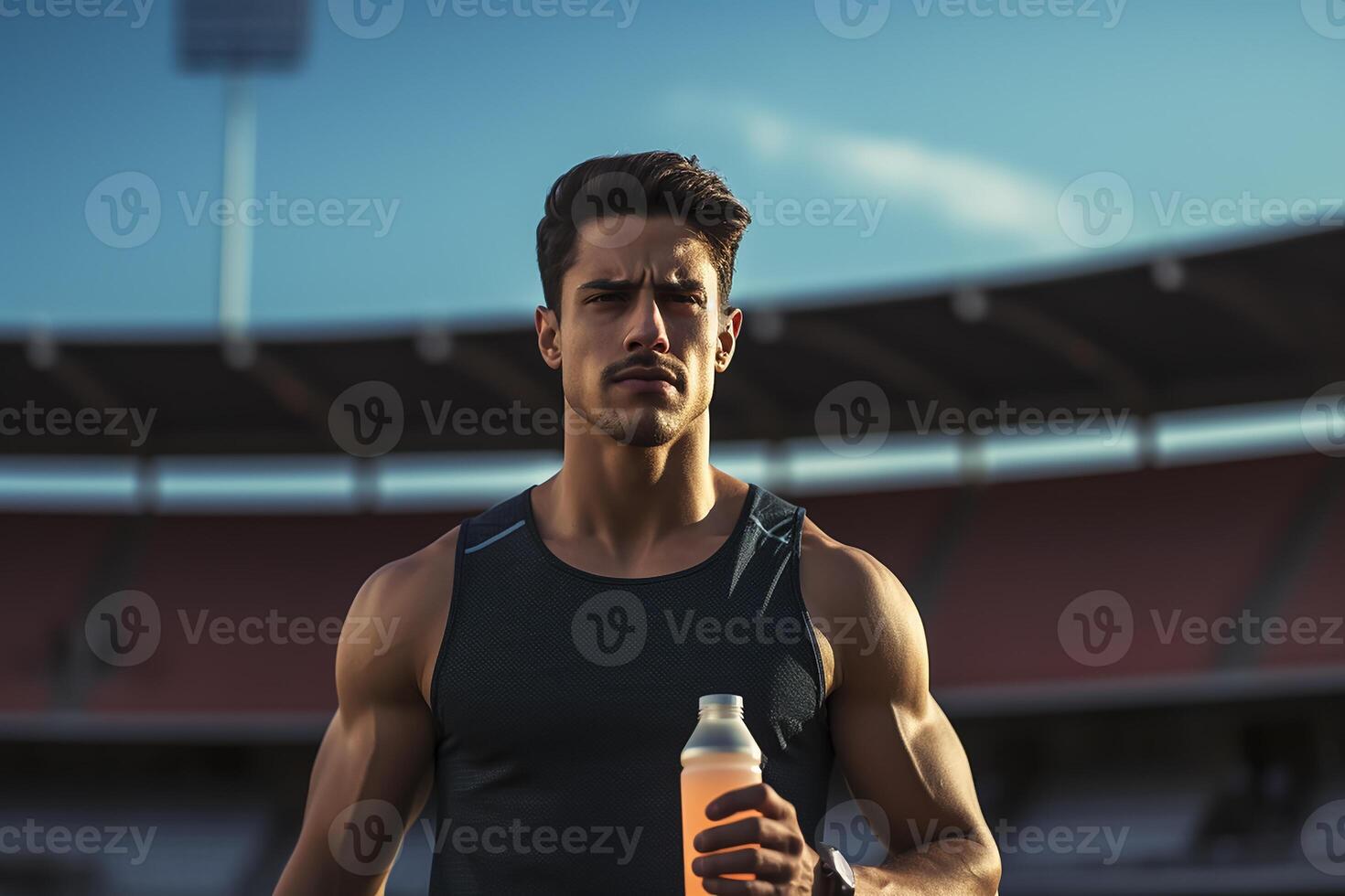 ai generado un contento sonriente hombre quien es caminando, él es participación un agua botella foto