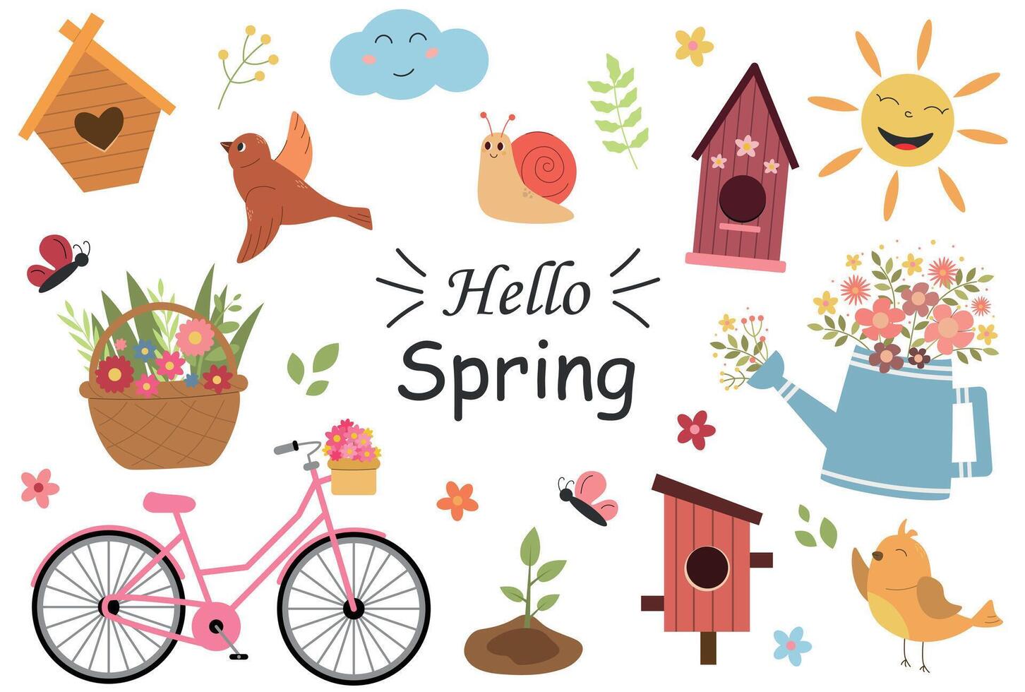 Hello Spring set, with birds, bike, flowers, birdhouses, sun and other, vector illustration in cartoon style isolated on white background