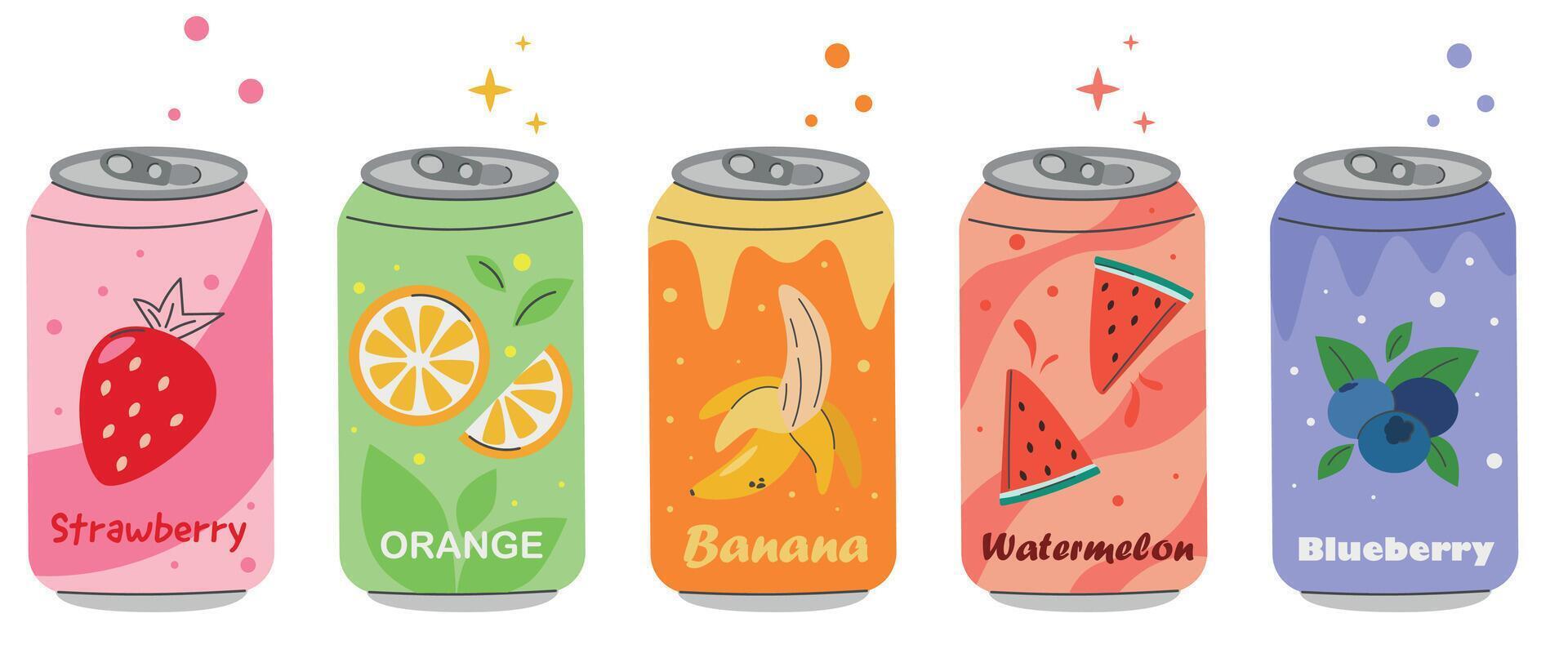 Vector set of various delicious carbonated drinks, flat soda isolated on white background