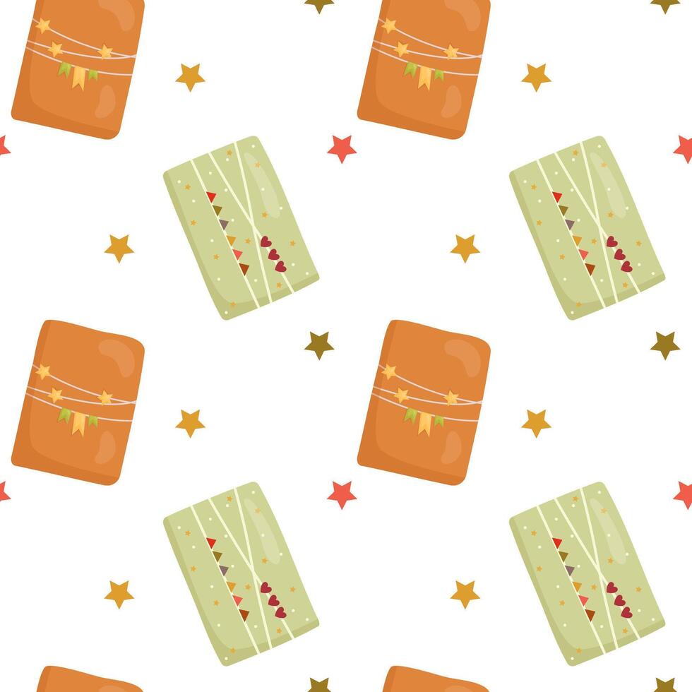 Vector pattern with wrapped gifts and stars
