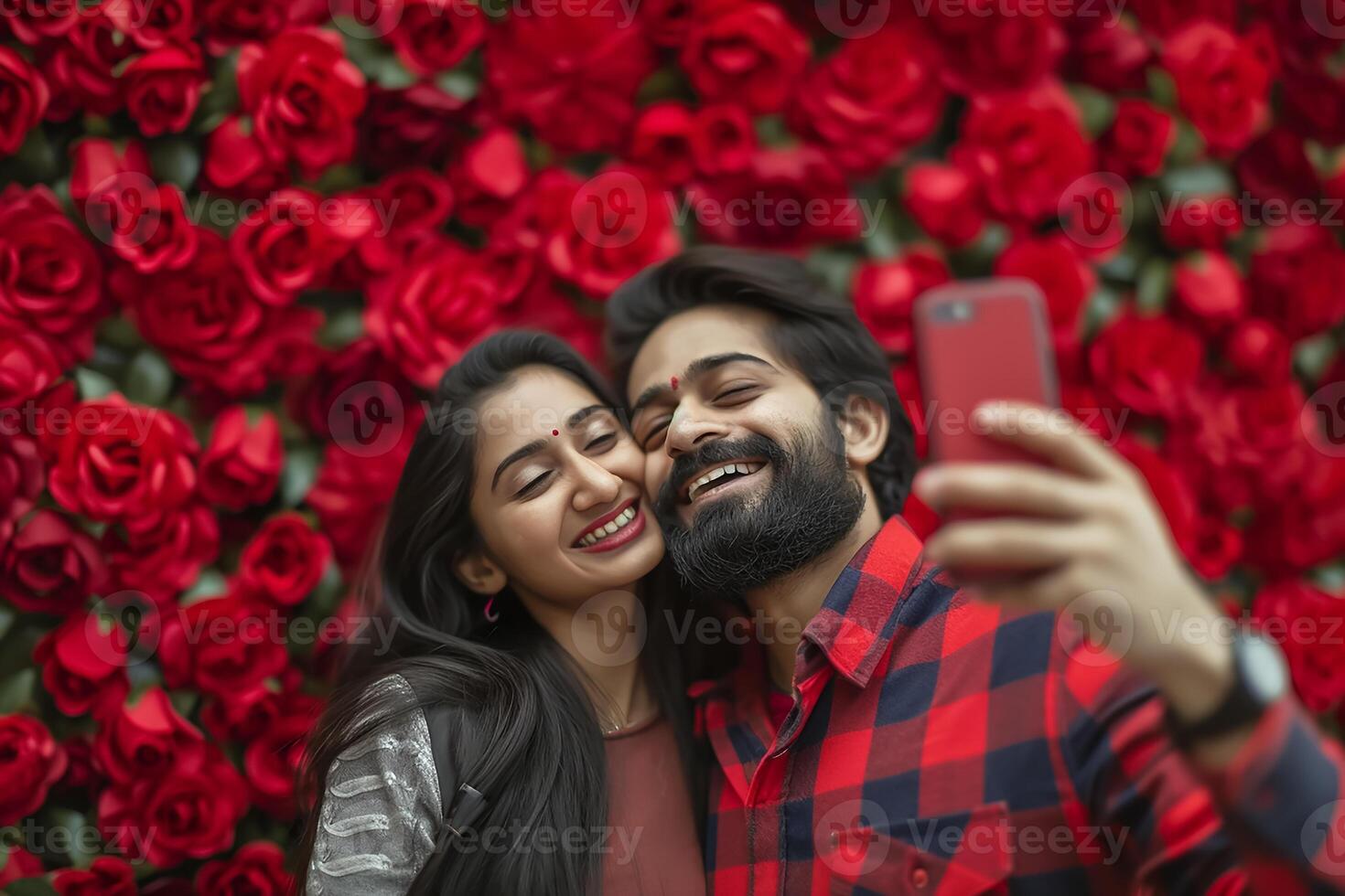 ai generado alegre encantador Pareja tomando selfie en san valentin día, contento enamorado día concepto foto