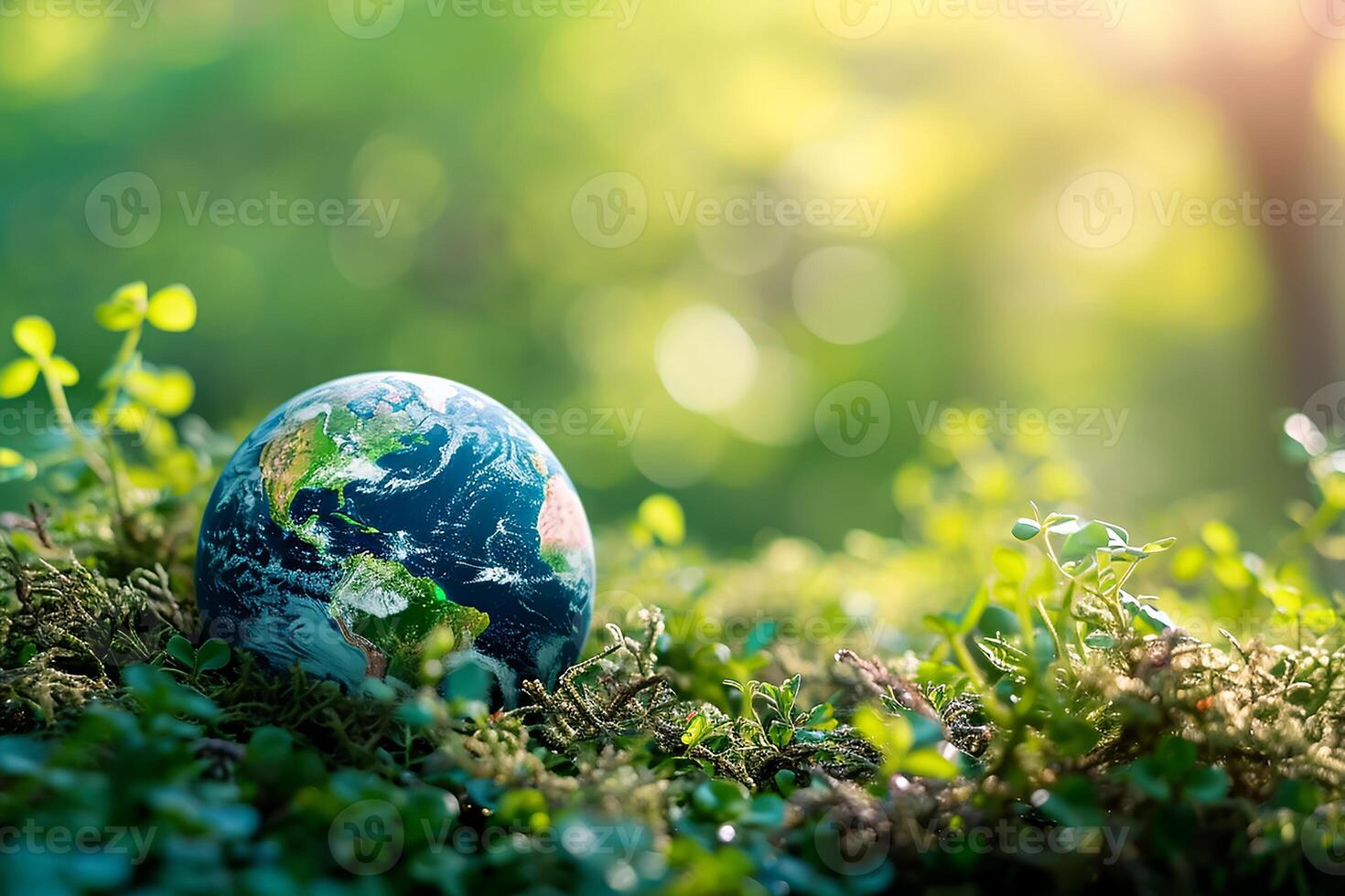 AI generated Global Earth On Soil In Forest With Ferns And Sun Shine photo