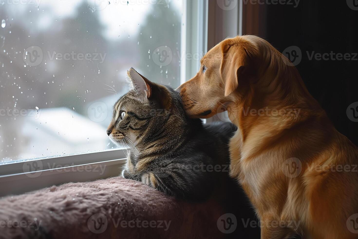 AI generated Dog and cat as best friends, looking out the window together photo