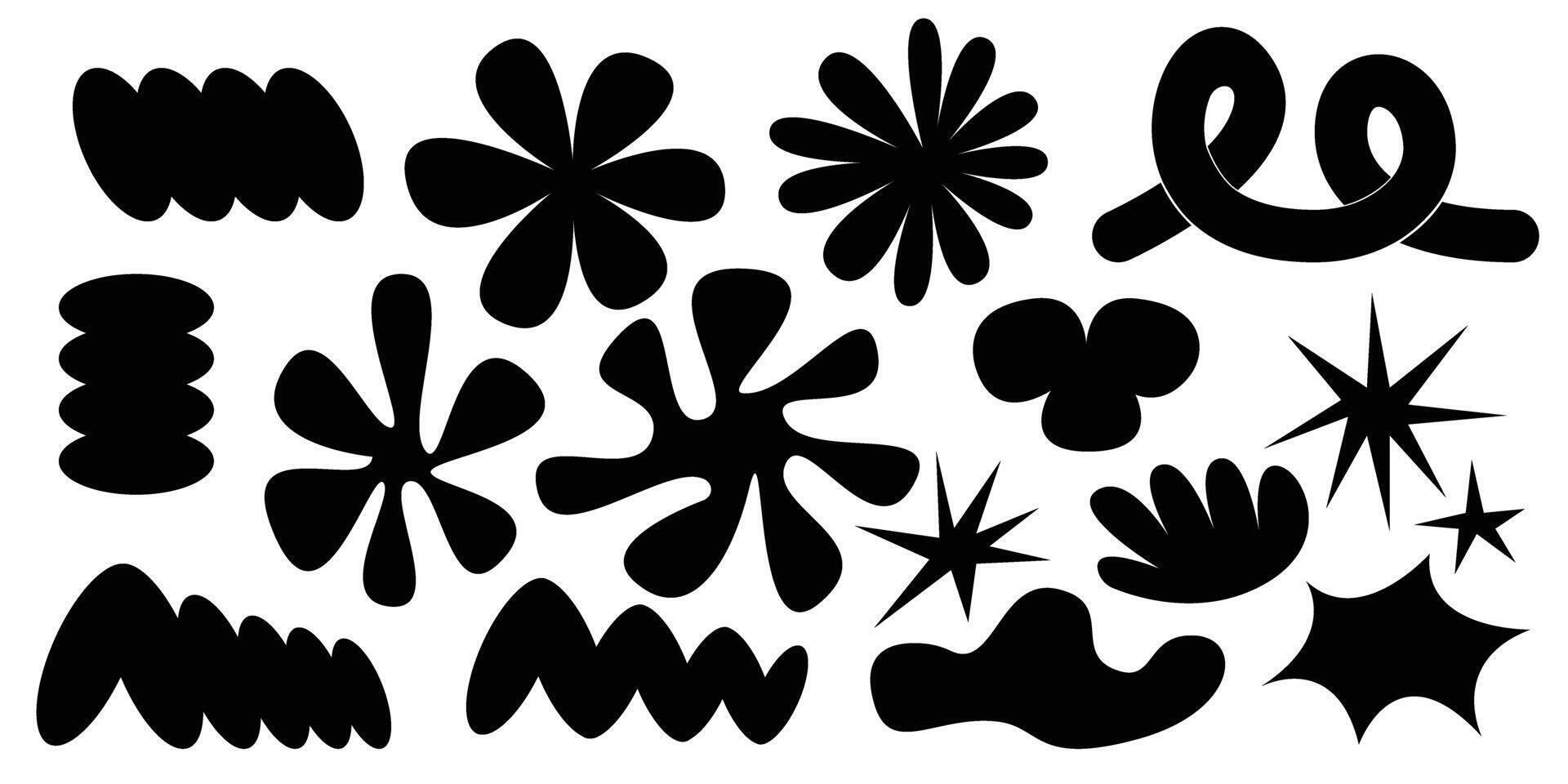 Set of abstract retro y2k shapes. Vector sticker pack. Collection of contemporary forms, funny flower, bubble, star, loop in trendy 70s, 90s groovy cartoon style