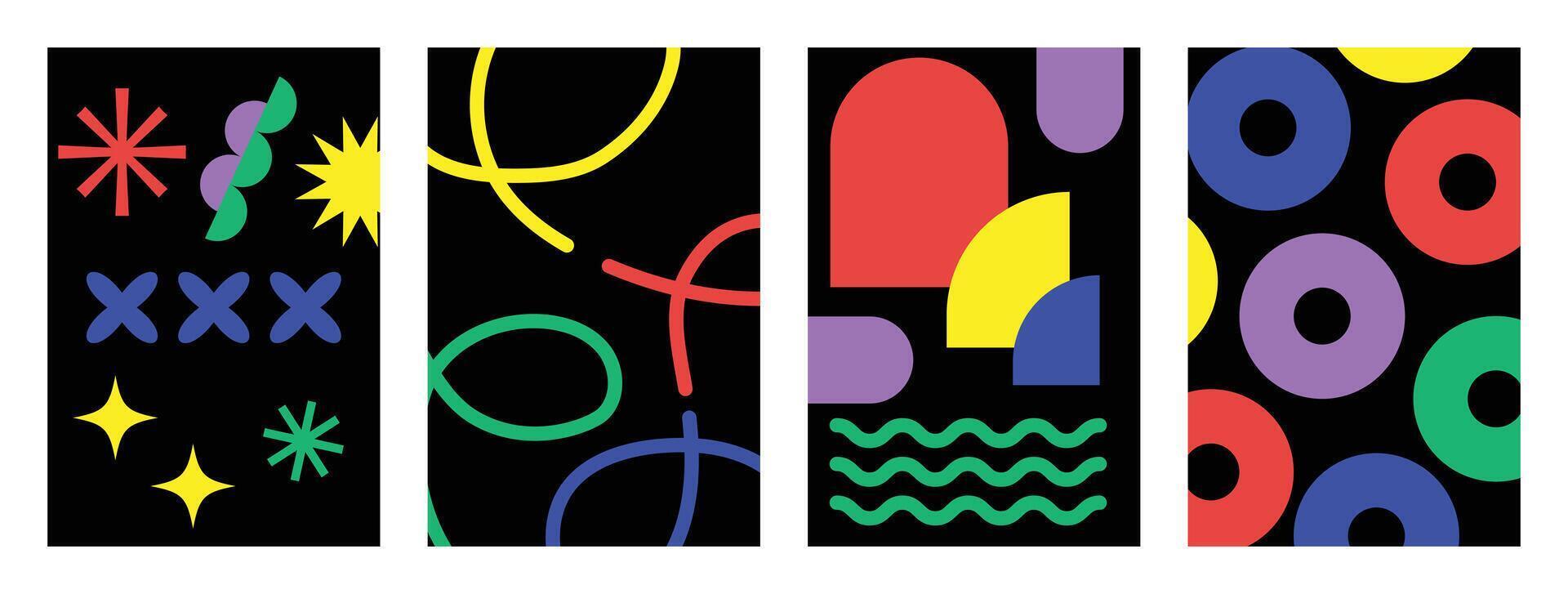 Abstract geometric posters set in trendy retro brutalist style. Swiss design aesthetic. Naive playful shapes backgrounds. Brutal contemporary figure star, circle, oval, wave patterns. vector