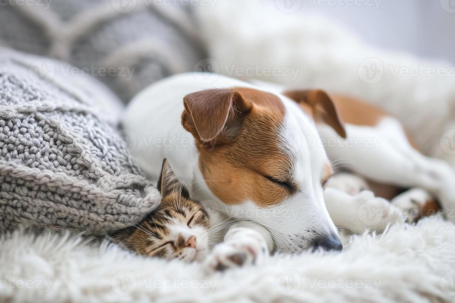 ai generado linda Jack Russell perro terrier perrito con gato dormido en gris almohada foto