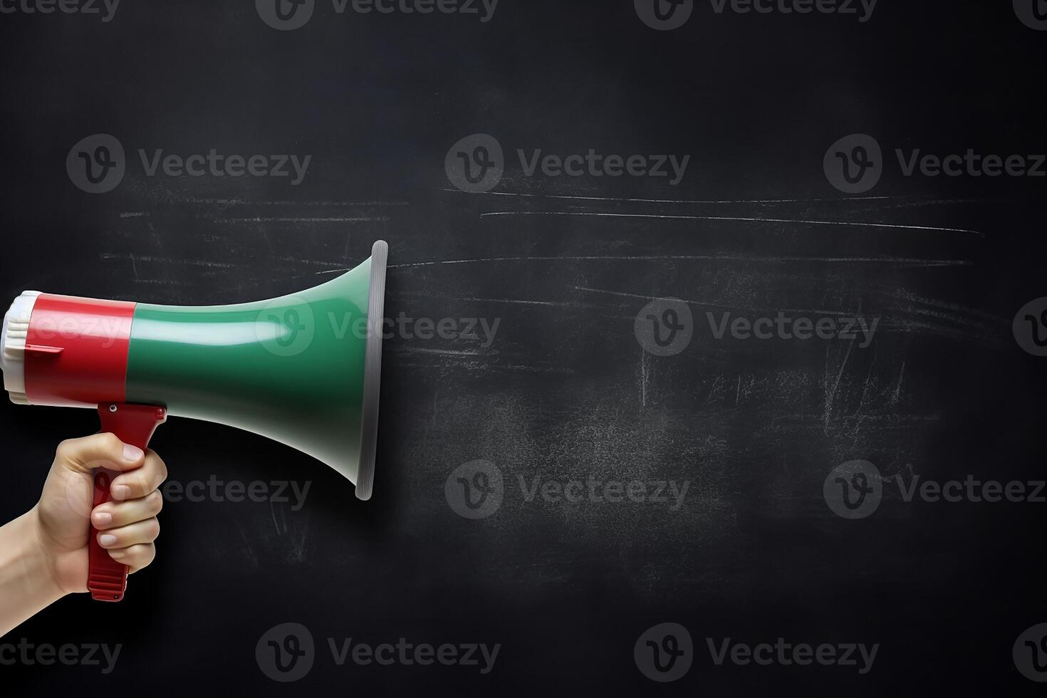 AI generated Hand holding megaphone over chalkboard background with copy space photo