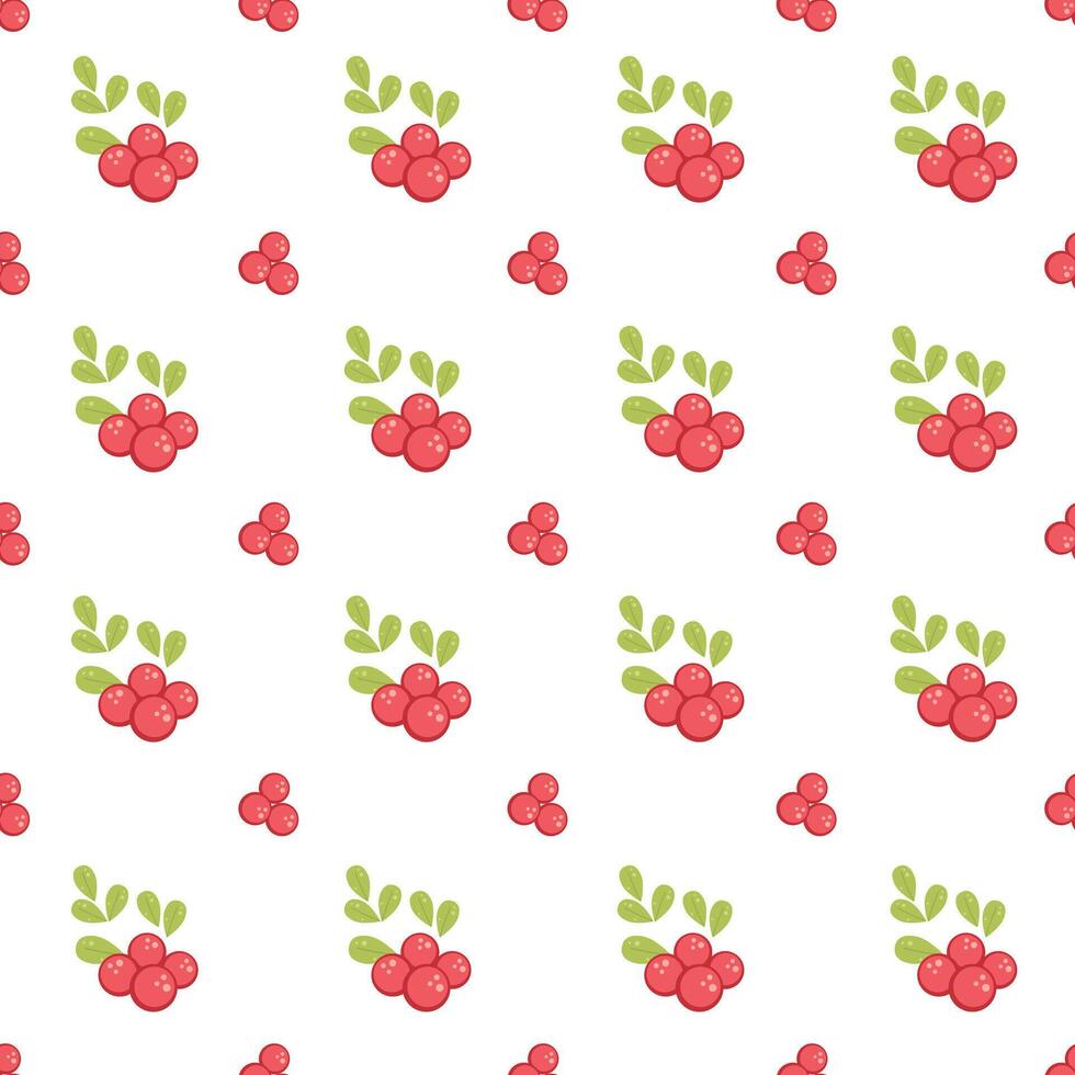 Seamless pattern of red berries branches with green leaves on a white background. Vector pattern with berries on a branch.