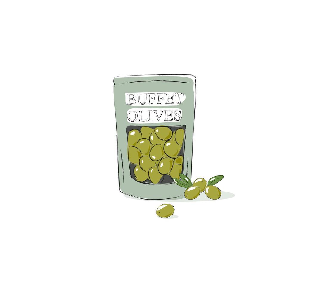 Buffet olives in a package. Isolated vector illustration on a white background. Green olives.