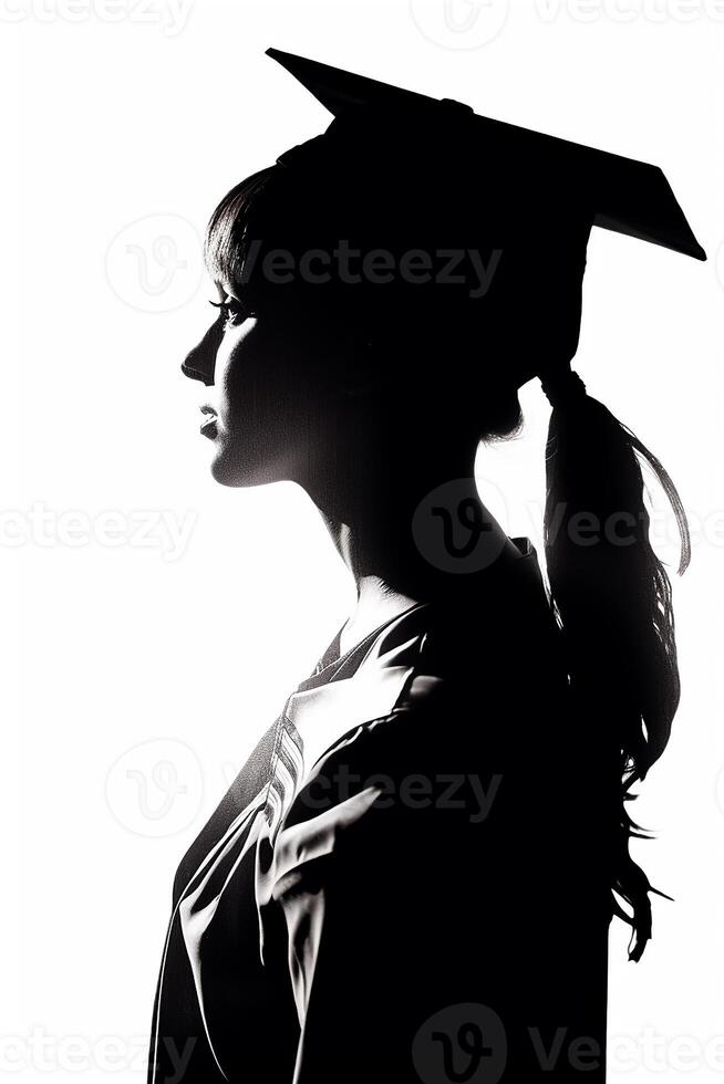 ai generado silueta de graduación estudiante en blanco antecedentes foto