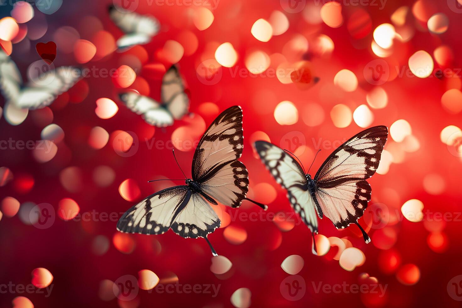 AI generated red color background surrounded by romantic atmosphere of floating Red heart shaped cutout papers photo