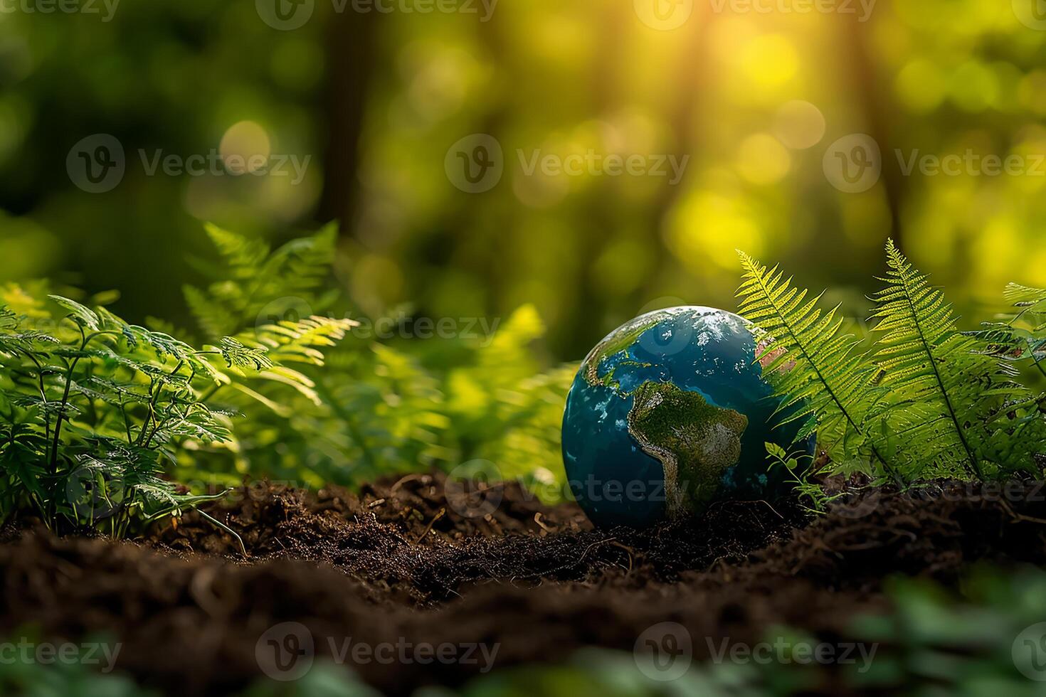 ai generado global tierra en suelo en bosque con helechos y Dom brillar foto