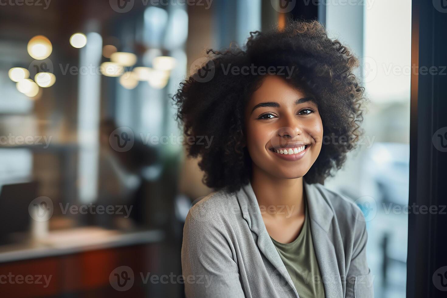AI generated A happy professional black woman, light blurry background photo