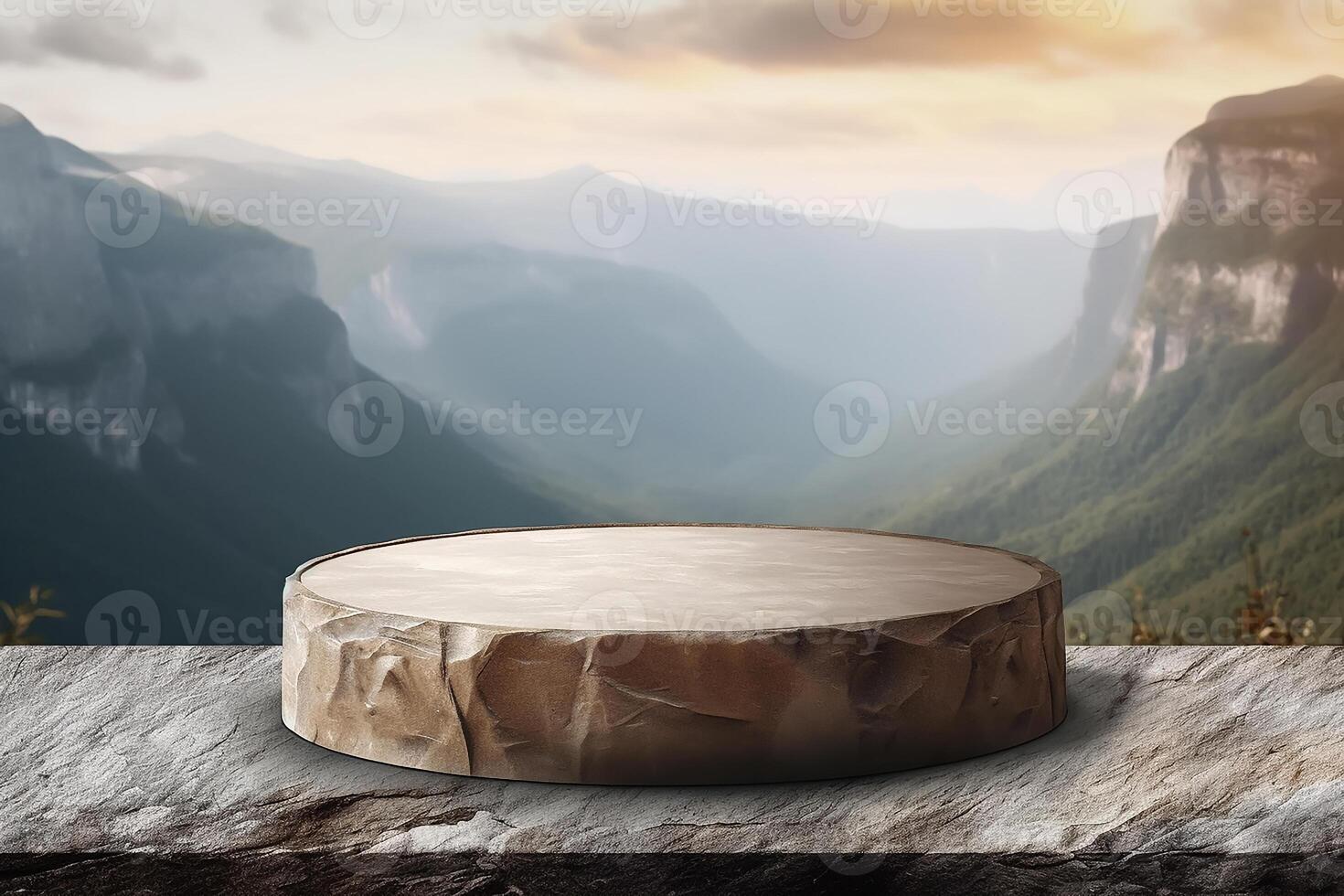 AI generated Stone podium in nature for product display, landscape view in background photo