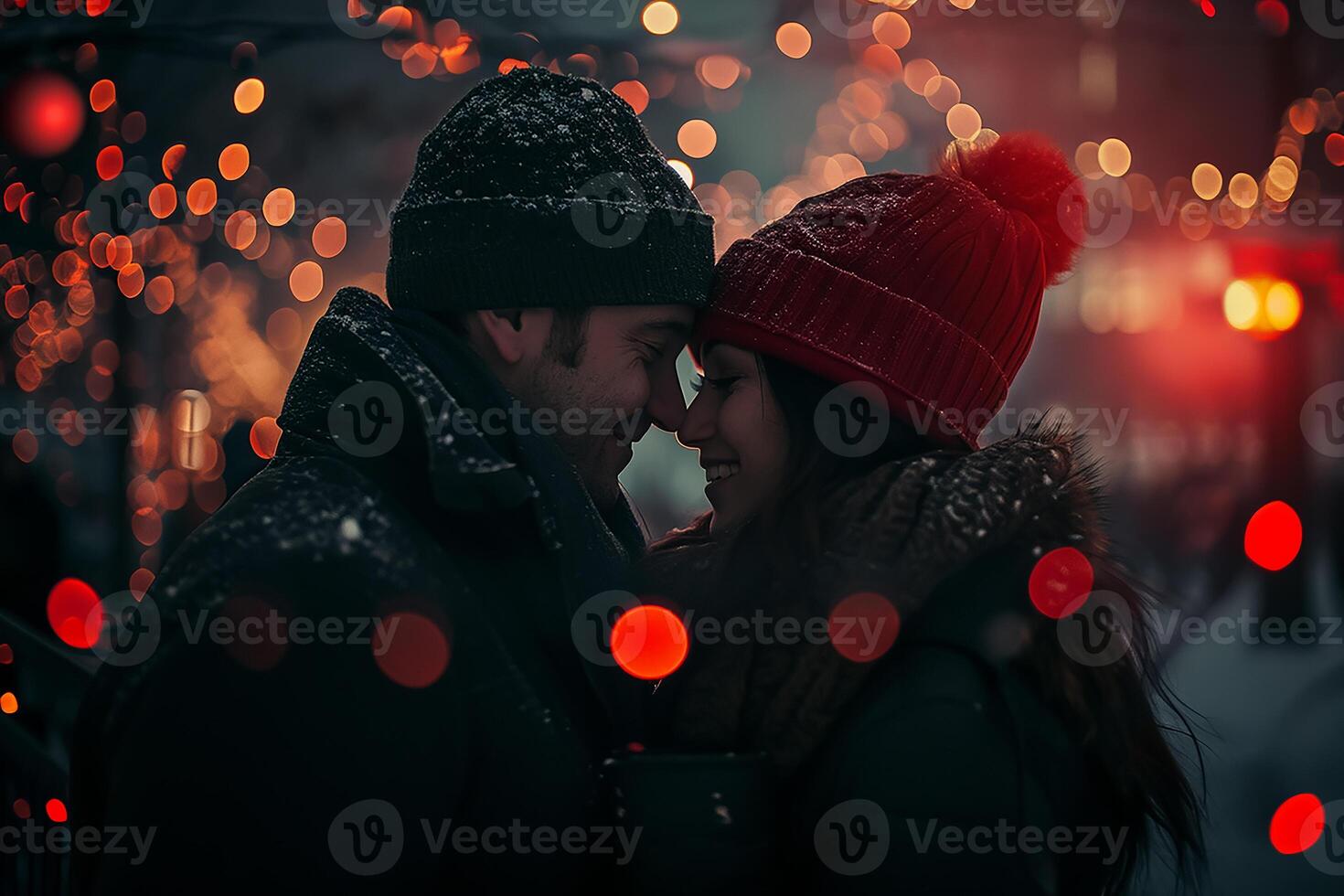 AI generated Couple in romantic winter and snowfall together, Happy valentine day concept photo