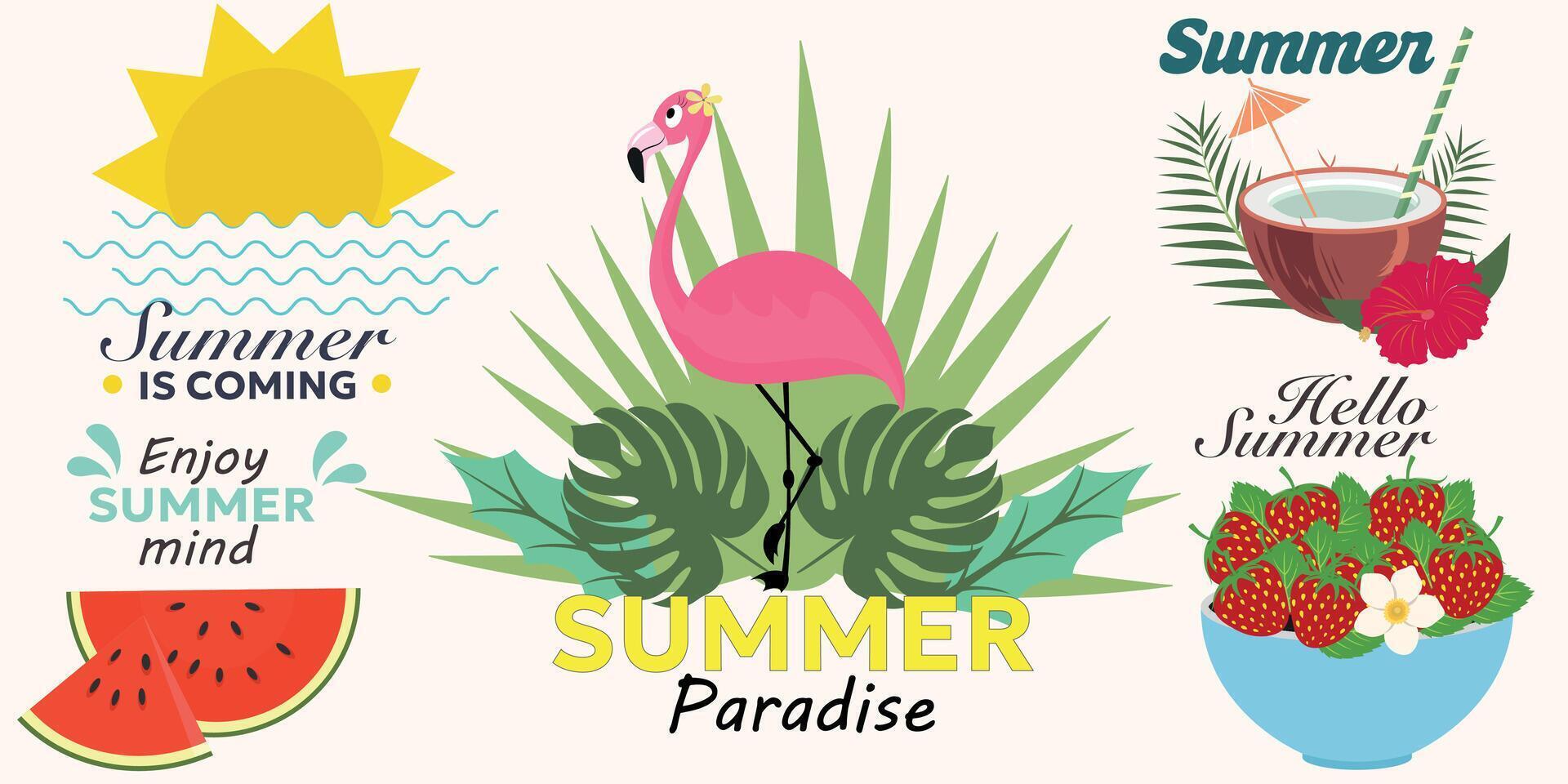 Summer vector lettering set. Beach vacation, summer travel graphic with lettering. Illustration paradise party label, watermelon and tropical fruits.