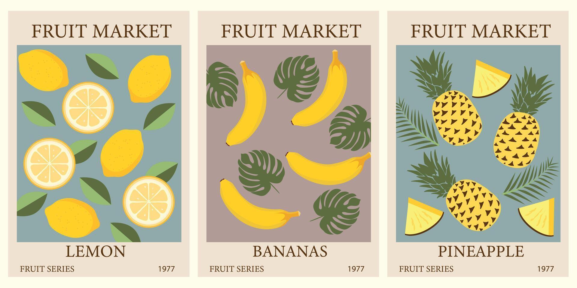 Set of abstract exotic Fruit Market retro posters. Trendy gallery wall art with bananas, lemon, pineapple fruits. Modern naive groovy funky interior decorations, paintings. Vector art illustration