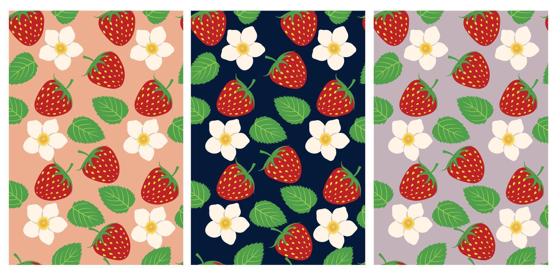 conjunto de vector sin costura patrones con fresas verano antecedentes. creativo verano concepto con fresa. moderno Arte diseño con corazones, fresas, flores y moderno tipografía