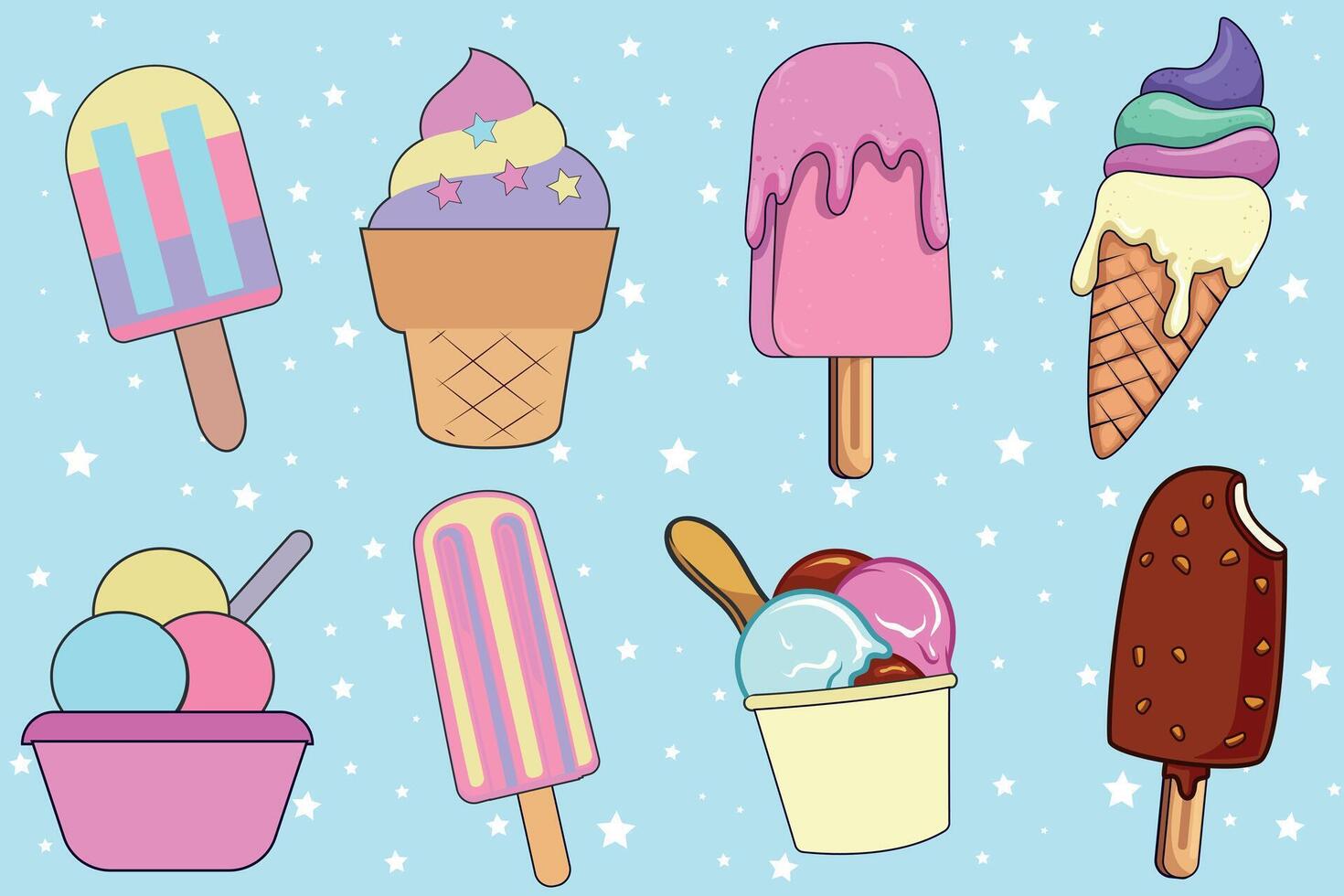 Ice cream set. Summer colorful background. Tasty cute appetizing food collection. Simple realistic modern design. Flat style vector illustration