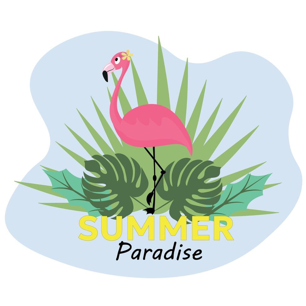 Summer Paradise. Cute Pink Flamingo Summer Background. Beach print design for t-shirt. Palm tree, Flamingo. Miami beach vector