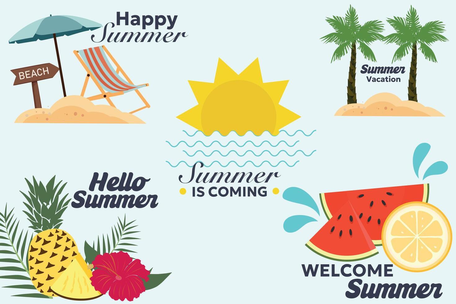 Colorful Summer Stickers Collection. Summer holidays design elements accessories, tropical plants, beach items, travel and sports objects, etc. Vector illustration