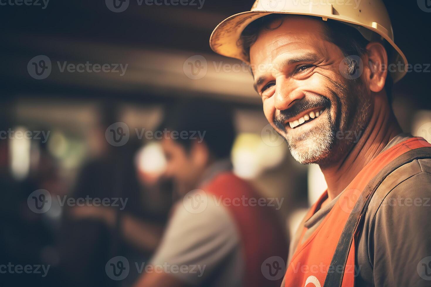 ai generado contento labor hombre lado cara borroso fondo, de cerca foto