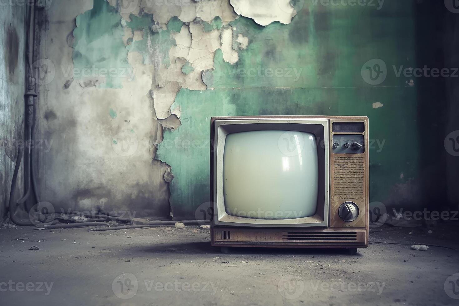 AI generated Closeup photograph of old crt tv in front of old wall photo