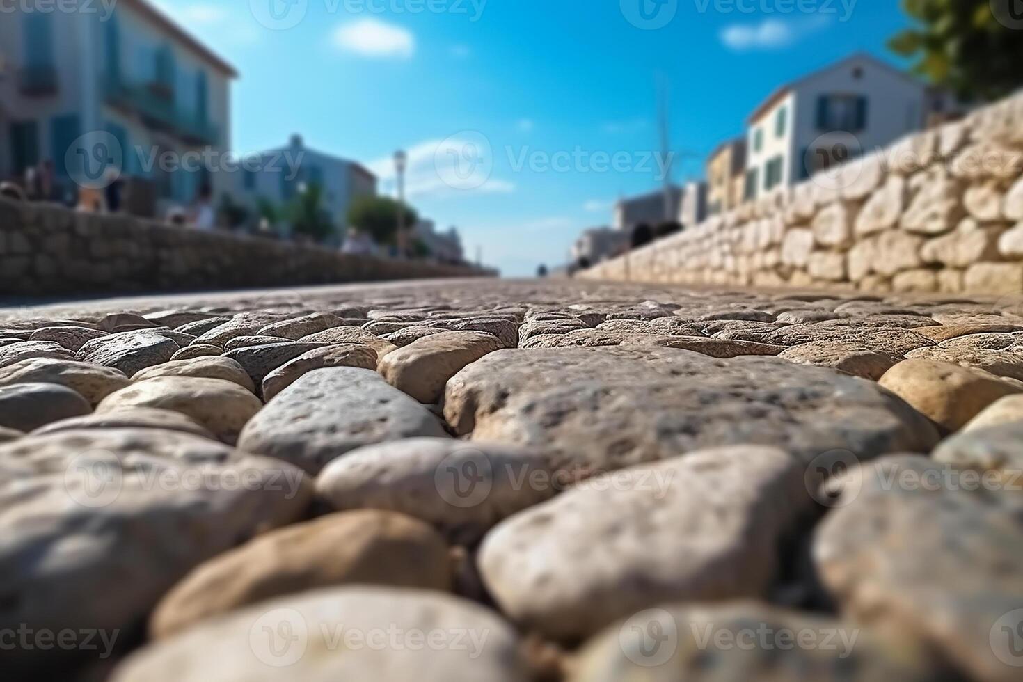 AI generated Close up stone street floor with blurred sea and blue sky, for product display photo