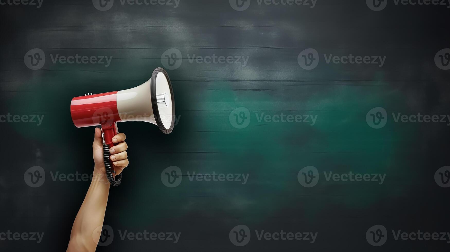 AI generated Hand holding megaphone over chalkboard background with copy space photo