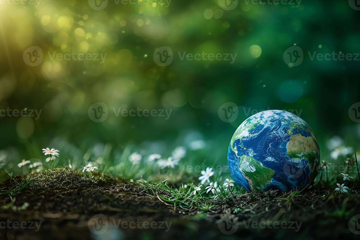 AI generated Global Earth On Soil In Forest With Ferns And Sun Shine photo