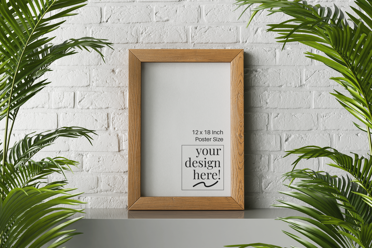 12x18 inch wooden frame portrait canvas paper small poster mockup sitting on table with brick wall modern contemporary interior psd