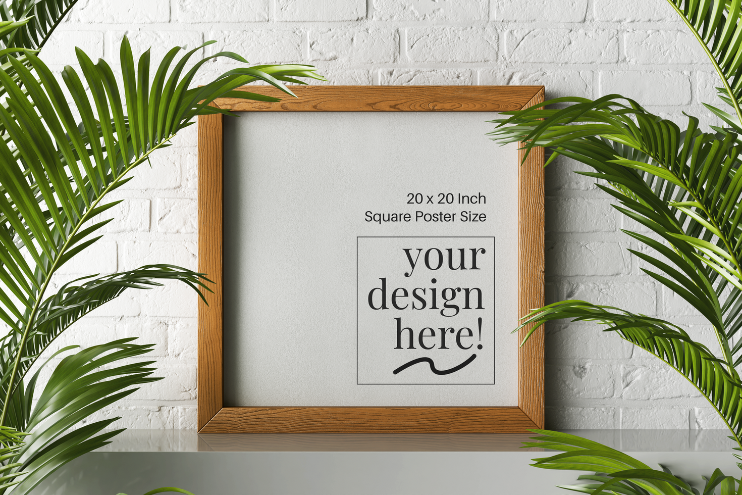 houten kader plein canvas papier poster mockup zittend Aan tafel met steen muur modern hedendaags interieur psd