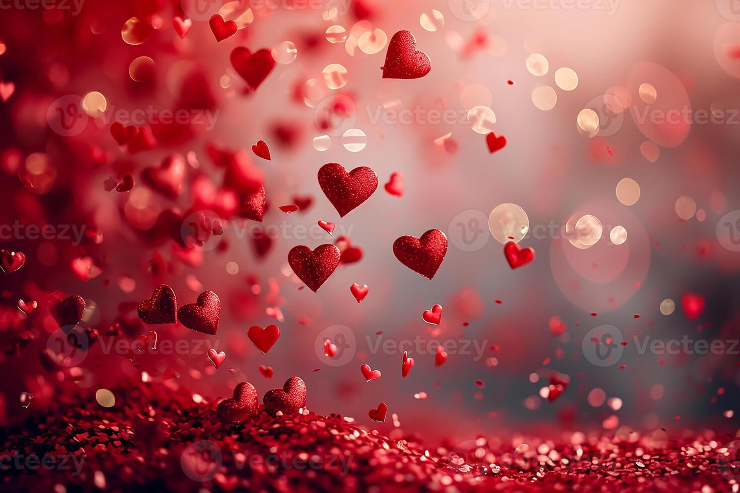 AI generated red color background surrounded by romantic atmosphere of floating Red heart shaped cutout papers photo