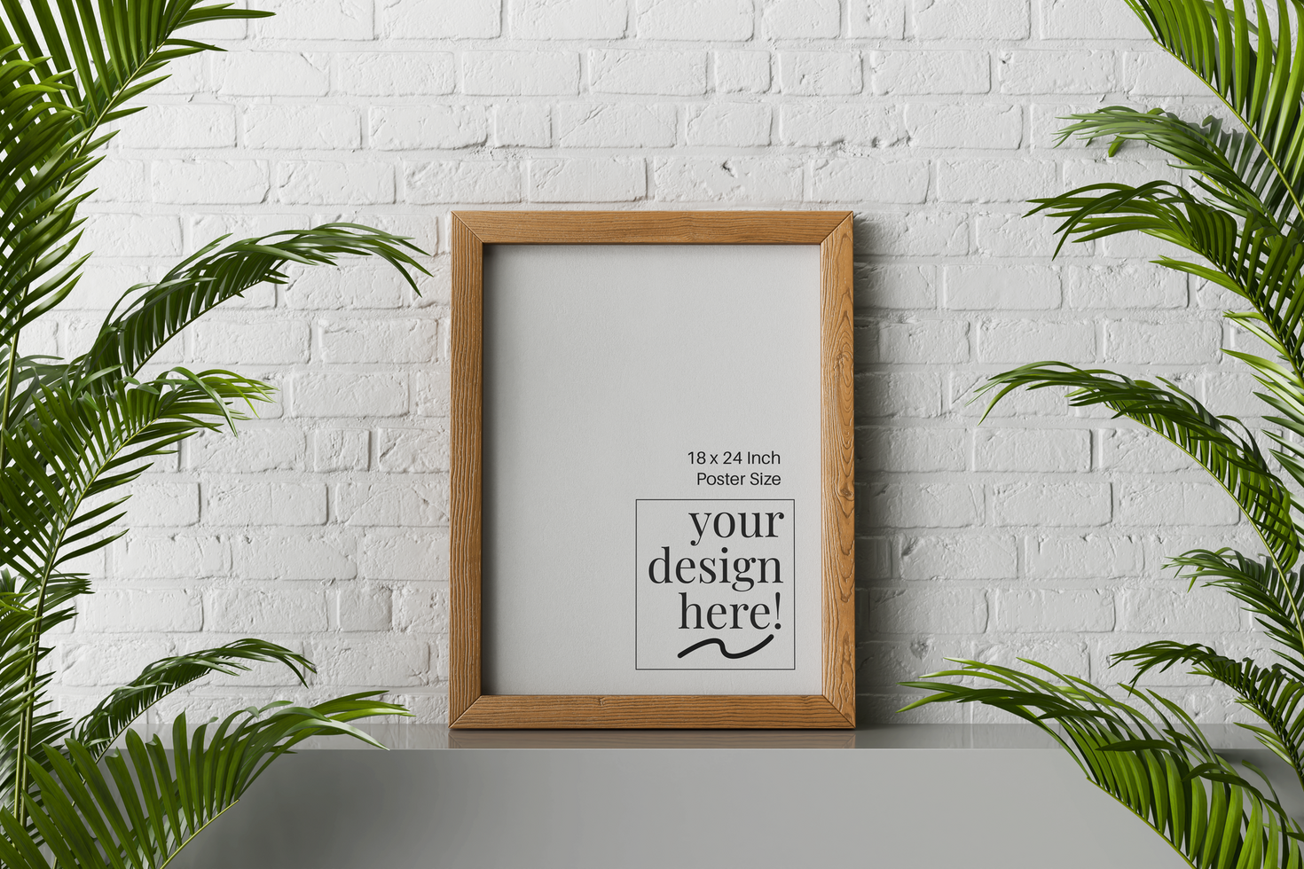 18x24 inch wooden frame vertical canvas paper medium poster mockup sitting on table with brick wall modern contemporary interior psd
