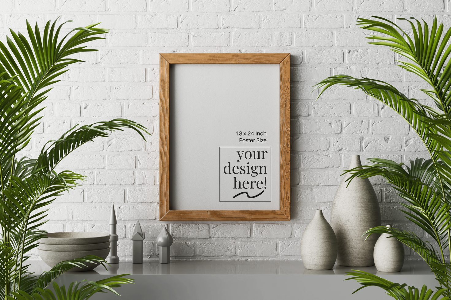 18x24 inch wooden frame vertical canvas paper medium poster mockup hanging on brick wall modern contemporary interior psd