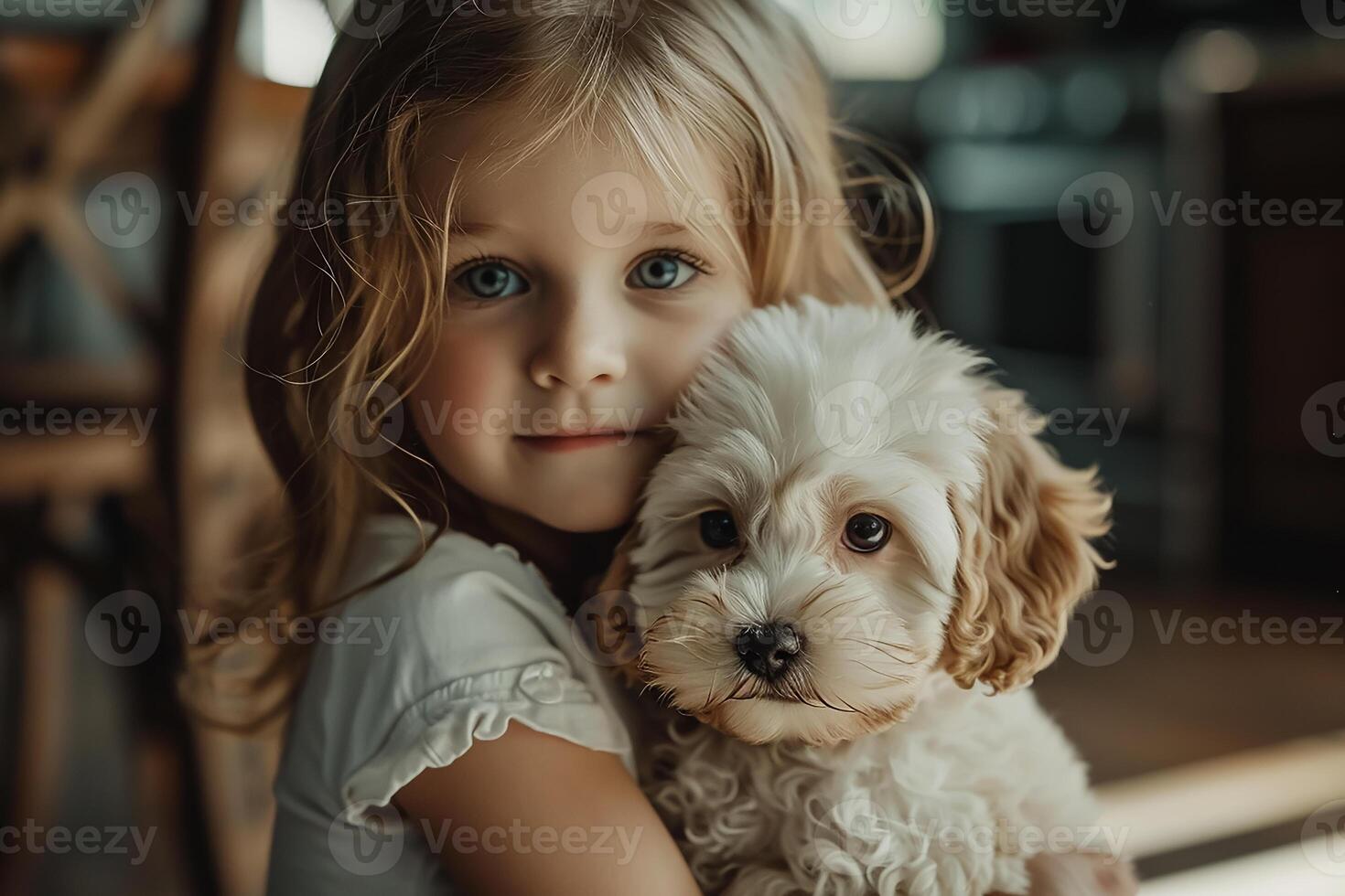 AI generated Little girl with her puppy at home photo