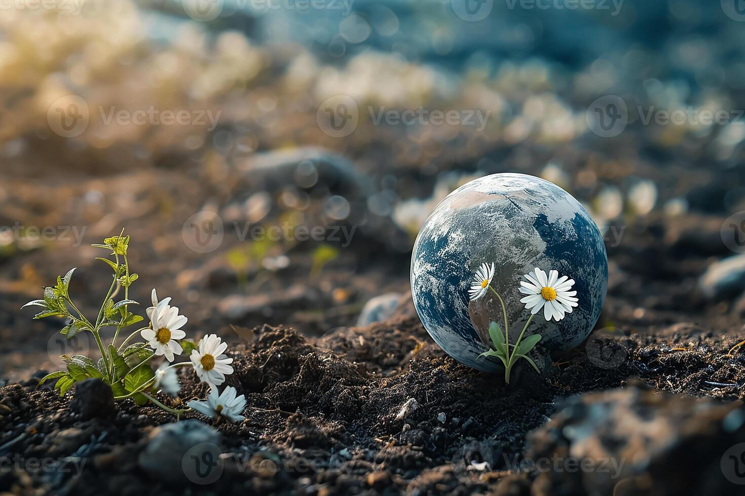 AI generated Global Earth On Soil In Forest With Ferns And Sun Shine photo