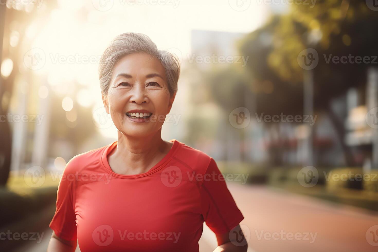 AI generated portrait photography of happy senior citizen who is jogging for finesse photo