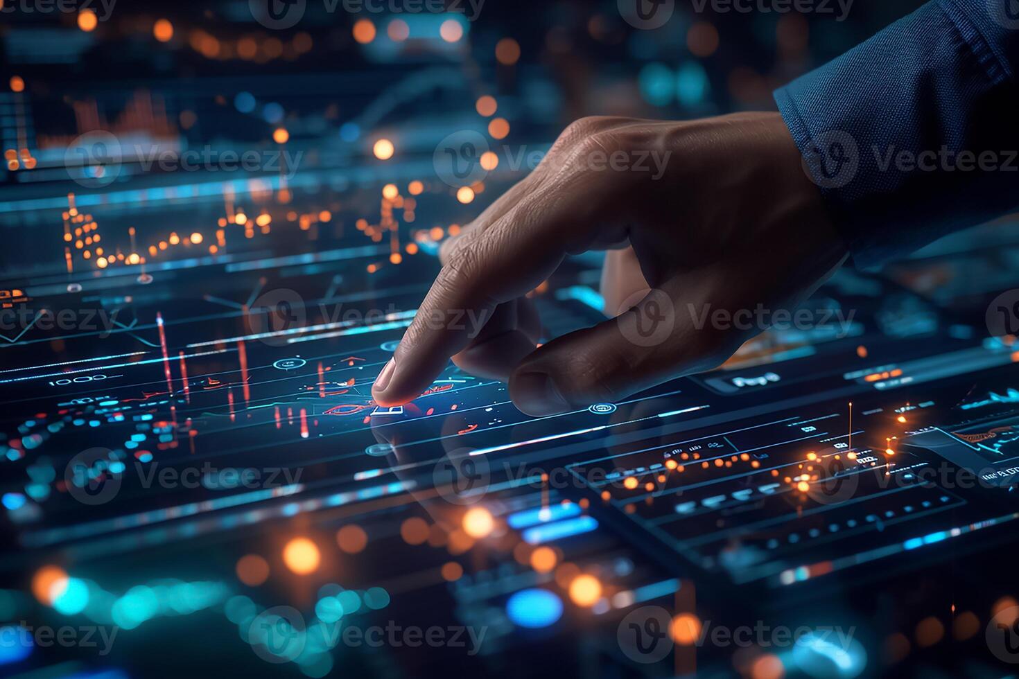 AI generated Businessman touching on holographic analyzing data growth of investment, Financial and banking, Health business report photo