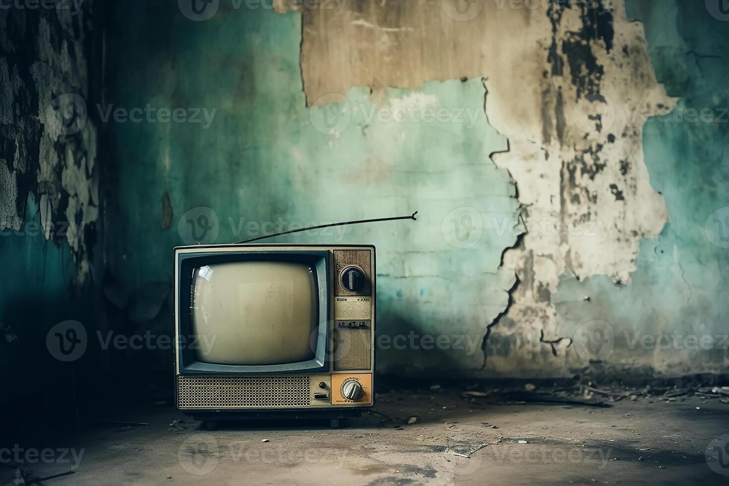 ai generado de cerca fotografía de antiguo crt televisión en frente de antiguo pared foto