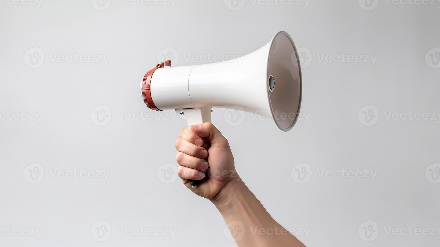 AI generated Hand holding megaphone over white background photo